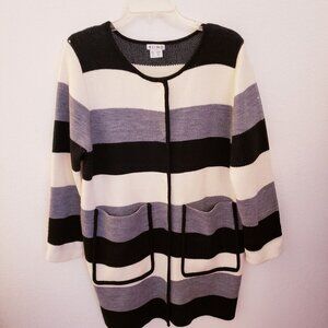 Kling Vintage Black Grey White Striped Longline Snap Front Cardigan Size XL GUC